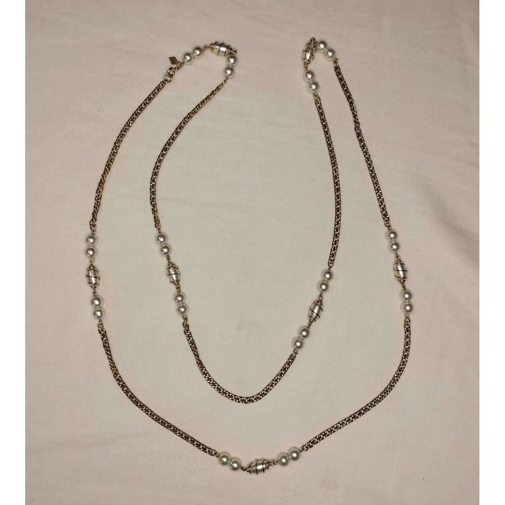 Sarah Coventry Vintage Gold Tone Chain Faux Pearl Pendant Long Necklace Jewelry - Picture 16 of 16